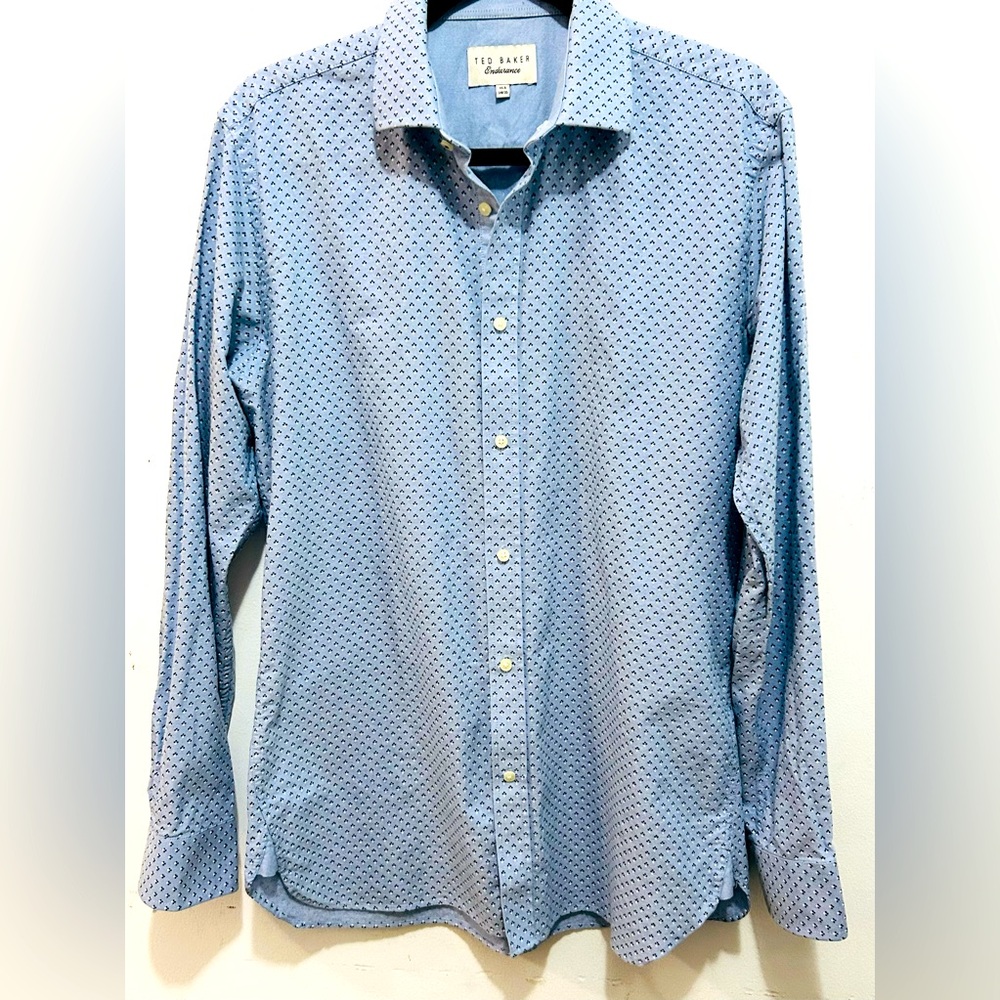 TED BAKER “Endurance”Blue, white & Navy Geometric LS Mens Shirt Size 15.5 M